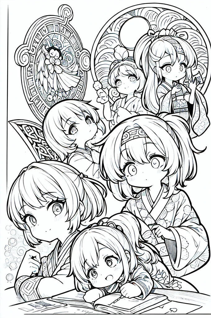 coloring pages, simplified zentangle, coloring book outline, black and white only, no outline, intricate designs, coloring book, celtic design, intricate lines, no gradients, Chibi, best quality, paper doll, shadow puppet, one girl, stained glass background, clockpunk, Andersen, Create a baby chibi version of the Alice character in an 8K resolution. A girl with a ponytail is wearing a kimono with a crane pattern, practicing kendo in a dojo, and wearing a headband as a hair accessory, It's sunny, Detailed eyes, clear outlines, kawaii pose, A smile, Raise your right hand, Eye Up, Laugh, radiant light, Taken from the side. She should look adorable and cute. Give him a smiling expression and a sweet smile on his face, capturing the essence of the character in a delicate and charming way.