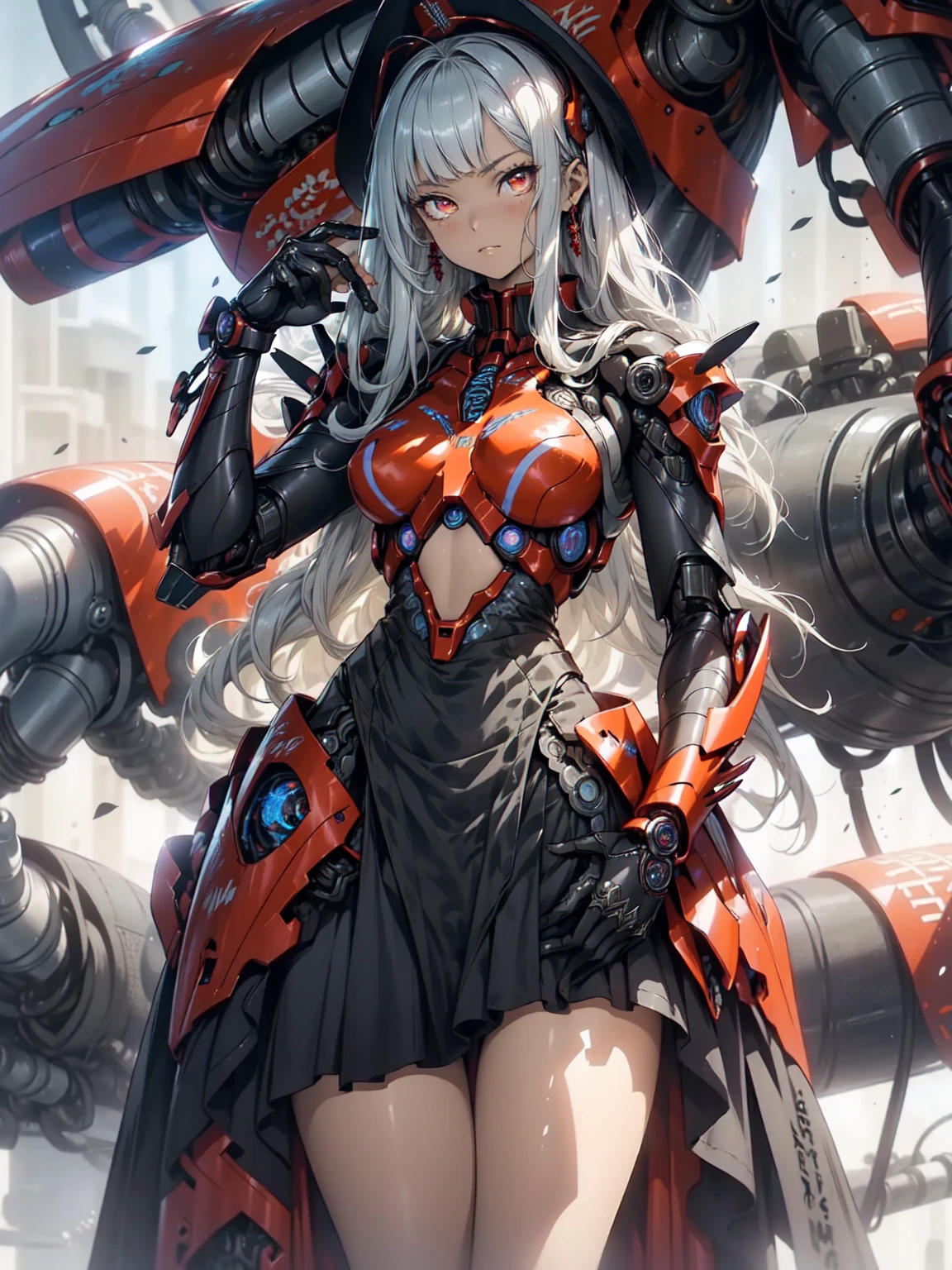 Cool Beauty, (One Woman:1.0), (20-year-old:1.0), (Small breasts:1.2),Fractal Art、Abstract background、 (Wide Shot:1.0), (Written boundary depth:1.1), Blake、 (Beautiful red eyes:1.0), (Cybernetic Genoid:1.1), (Very detailed mech suit:1.3), (Silvery semi-long hair:1.0), (Black Luxury Wizard Dress Skirt:1.3), (Decorative embroidery:1.0), High leotard、Sunburned skin