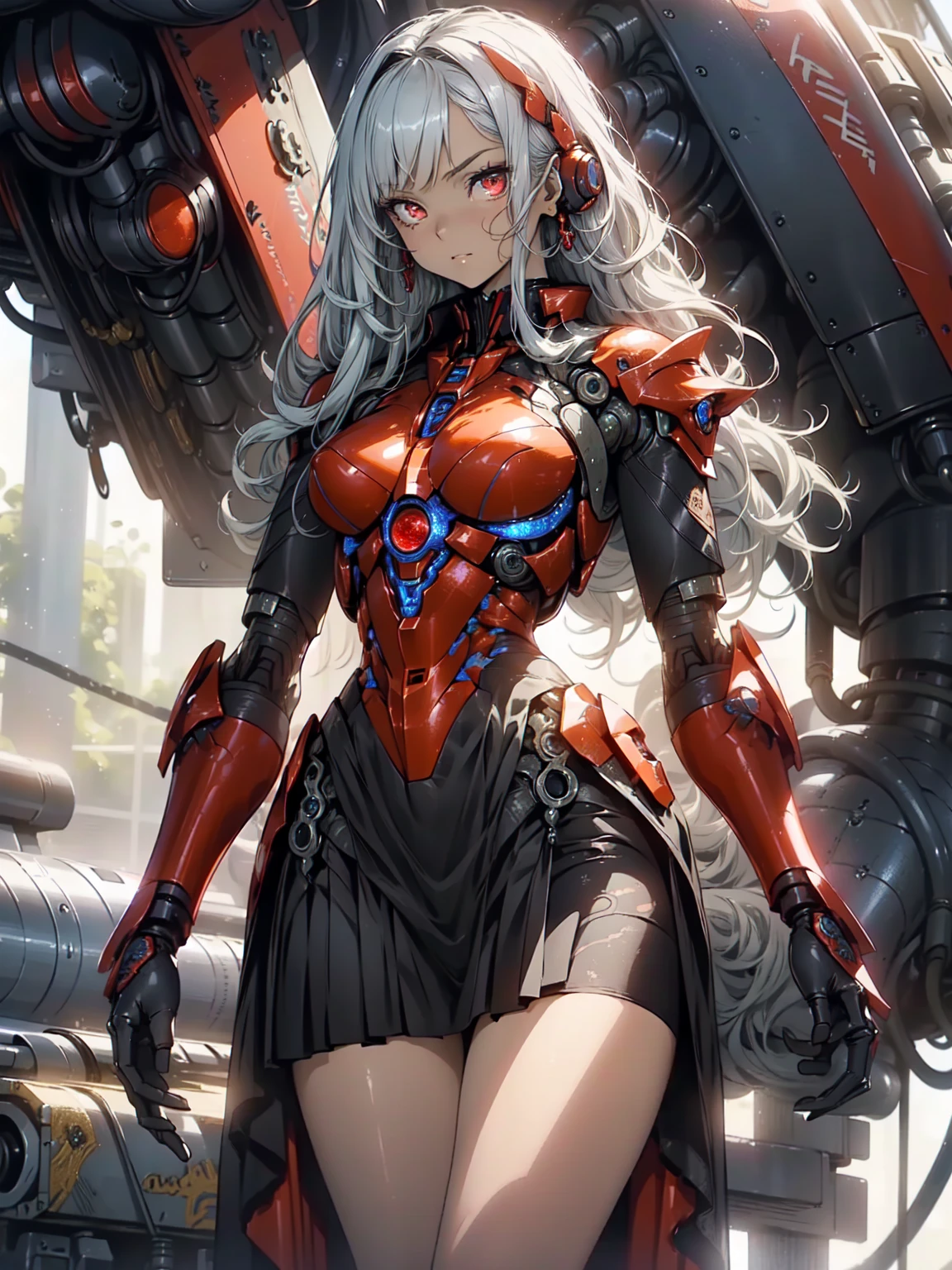 Cool Beauty, (One Woman:1.0), (20-year-old:1.0), (Small breasts:1.2),Fractal Art、Abstract background、 (Wide Shot:1.0), (Written boundary depth:1.1), Blake、 (Beautiful red eyes:1.0), (Cybernetic Genoid:1.1), (Very detailed mech suit:1.3), (Silvery semi-long hair:1.0), (Black Luxury Wizard Dress Skirt:1.3), (Decorative embroidery:1.0), High leotard、Sunburned skin