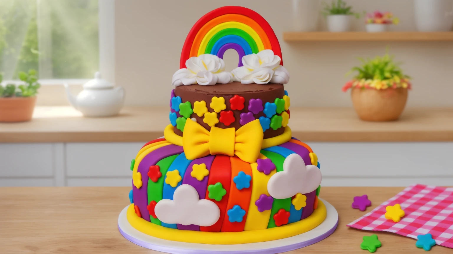 on a wooden table, two-tier cake on a white plate. chocolate cake. polymer clay cake decor, rainbow stripes, rainbow stars, white glazes made of polymer clay, Yellow bow, polymer clay rainbow, brown cream near a rainbow in the shape of clouds. на деревянном столе розовая сккатерть в клеточку на которой лежат rainbow stars из полимерной глины. against the background of the kitchen, against the background of the window, Beautiful light from the window, Beautiful sunlight, bright lighting, there is a vase with a plant on a wooden table. Realistic style, realistic texture, detailed texture, high quality, A high resolution, macro photography, ultra hd 4k, 