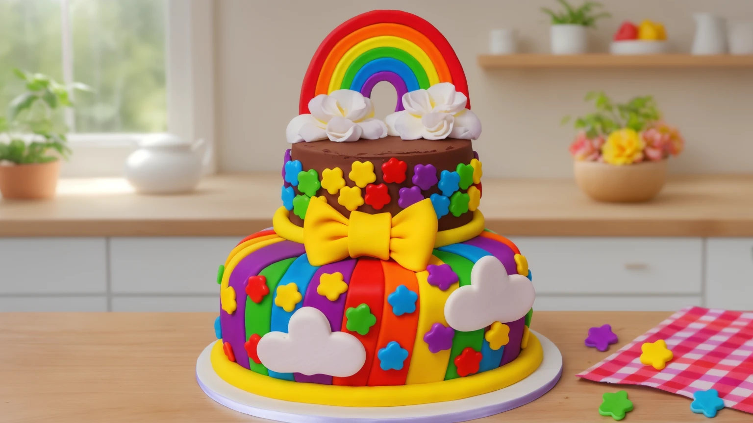 on a wooden table, two-tier cake on a white plate. chocolate cake. polymer clay cake decor, rainbow stripes, rainbow stars, white glazes made of polymer clay, Yellow bow, polymer clay rainbow, brown cream near a rainbow in the shape of clouds. на деревянном столе розовая сккатерть в клеточку на которой лежат rainbow stars из полимерной глины. against the background of the kitchen, against the background of the window, Beautiful light from the window, Beautiful sunlight, bright lighting, there is a vase with a plant on a wooden table. Realistic style, realistic texture, detailed texture, high quality, A high resolution, macro photography, ultra hd 4k, 