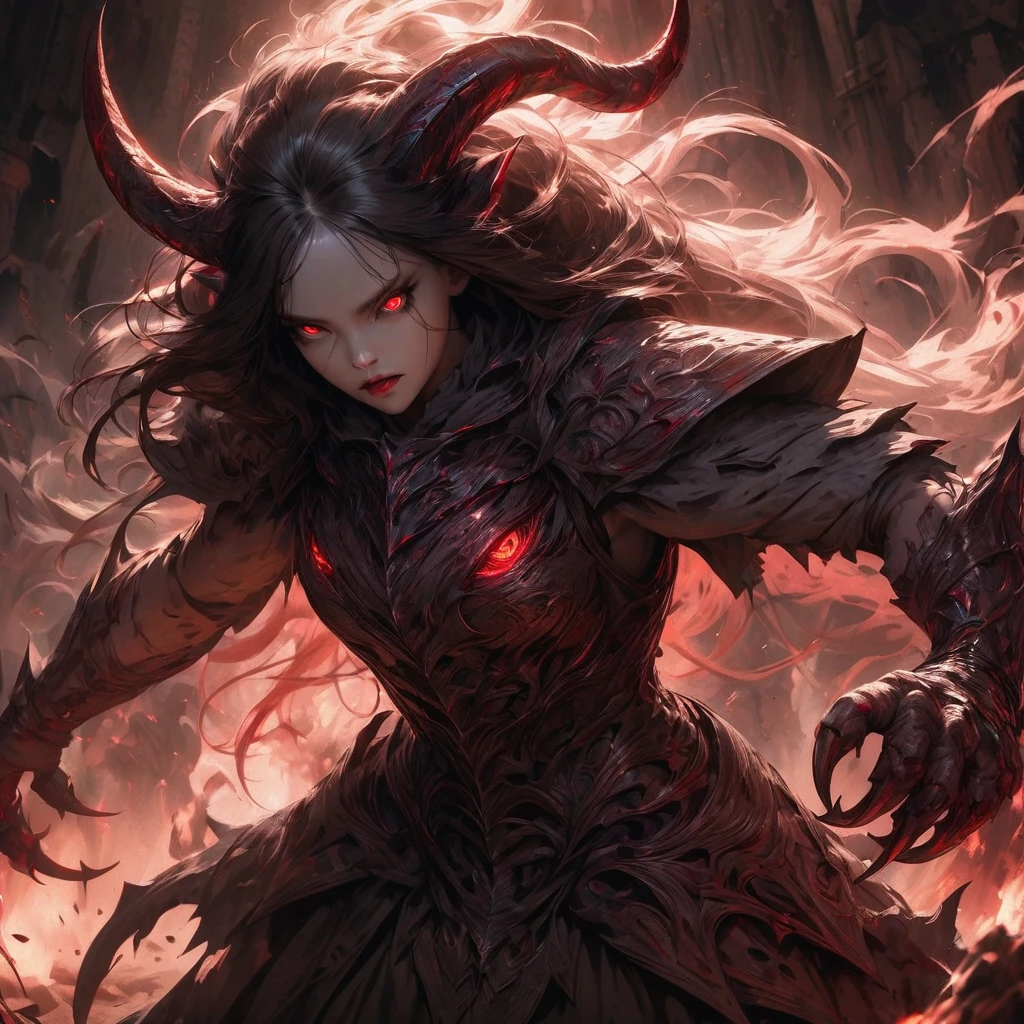 [Best quality, shaded, extreme details, very detailed, ultra detailed, complex, realistic], wolfwoman, hell, red, villain action, 1girl, detailed face, detailed eyes, detailed lips, detailed eyebrows, long hair, horns, claws, glowing red eyes, demonic expression, red skin, body armor, wielding sword, dramatic lighting, dark fantasy, cinematic, moody, high contrast, muted colors, dramatic pose, action