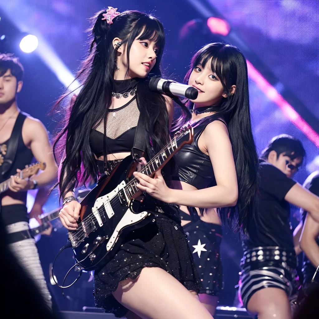 A black-haired girl performs on stage to the song Rockstar and his fans support