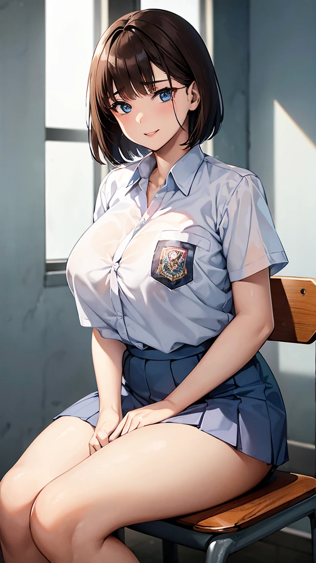 1 woman, , (short haircut, brown hair), scared face expression, plump body, blue eyes, Indonesian high-school uniform, (wearing transparent white shirt, showing bra), osis logo on shirt pocket, huge XL breasts, light-grey pleated skirt, sitting on a chair, seductive pose, full body shot, smiling, in the classroom.