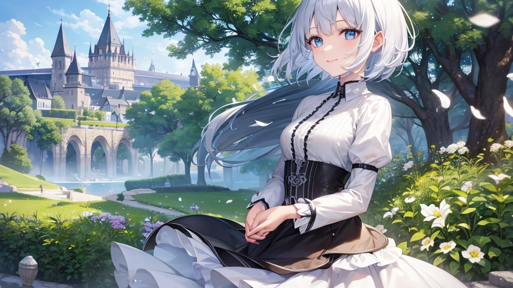 Ultra HD,Look at the viewers, Put your hands behind your back, With a girl, 20-year-old, 非常にShort Hair, Long bangs between the eyes, Pale blue eyes, Very detailed,(masterpiece、Highest quality),Gray Hair、Laughter、Fantastic, Silver Hair, Iris, Short hair、 Fluttering Hair、Small Face、明るいsmile、(Detailed face) ,Professional Lighting,Wonderful landscape,blue sky, sunlight,Looking down from above,Portraiture、Open your mouth、Flower Field、Her eyes were shining、Mysterious and enchanting atmosphere。With AI Painting、とてもShort Hair, Long bangs between the eyes, Very detailed,(masterpiece、Highest quality)、alone、Gray Hair、Fantasy, Silver Hair, Fantasyな風景、White shirt、smile、Open your mouth、short hair、Short Hair、hairpin、black eye、Grey Eyes、Beautiful Eyes、