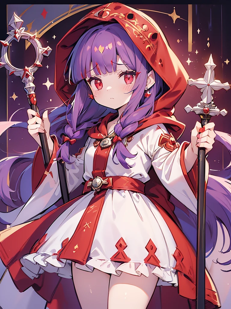 ((((Princess of Moonberg)))), ((1little girl)), ((drooing eyes)),(((deep purple hair))), ((Blunt bangs)), (Fluffy long hair), (Deep red eyes), Pearl earrings,
((((red hood)))), (Lotto emblem on hood), (((Red Stall))),  ((White robe with red edging)),  
Holding a magic staff in her left hand, cowboy shot,
