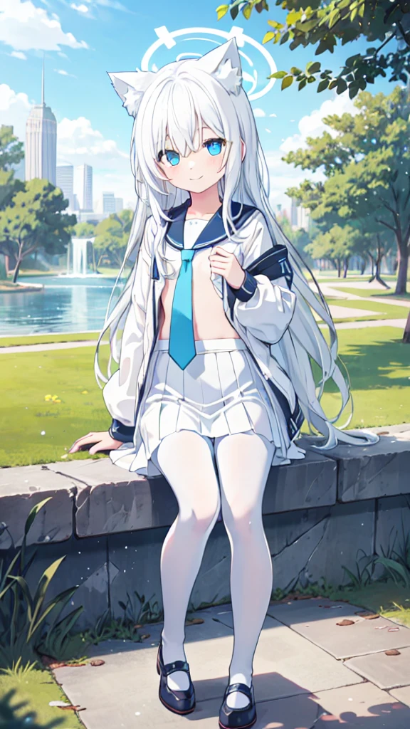 White hair,Cat ear,Long hair,Heterochromia(Left blue right yellow),Smile,There are bright spots in the eyes,flat chest,White sailor suit,White skirt,White pantyhose,in the park,Alone,Blue tie,Blue Halo