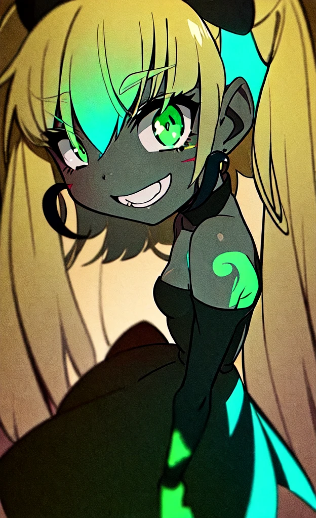 black skin, anime woman, happy, glowing green eyes, glowing green tattoos, extremely short glowing green hair, wearing a black dress