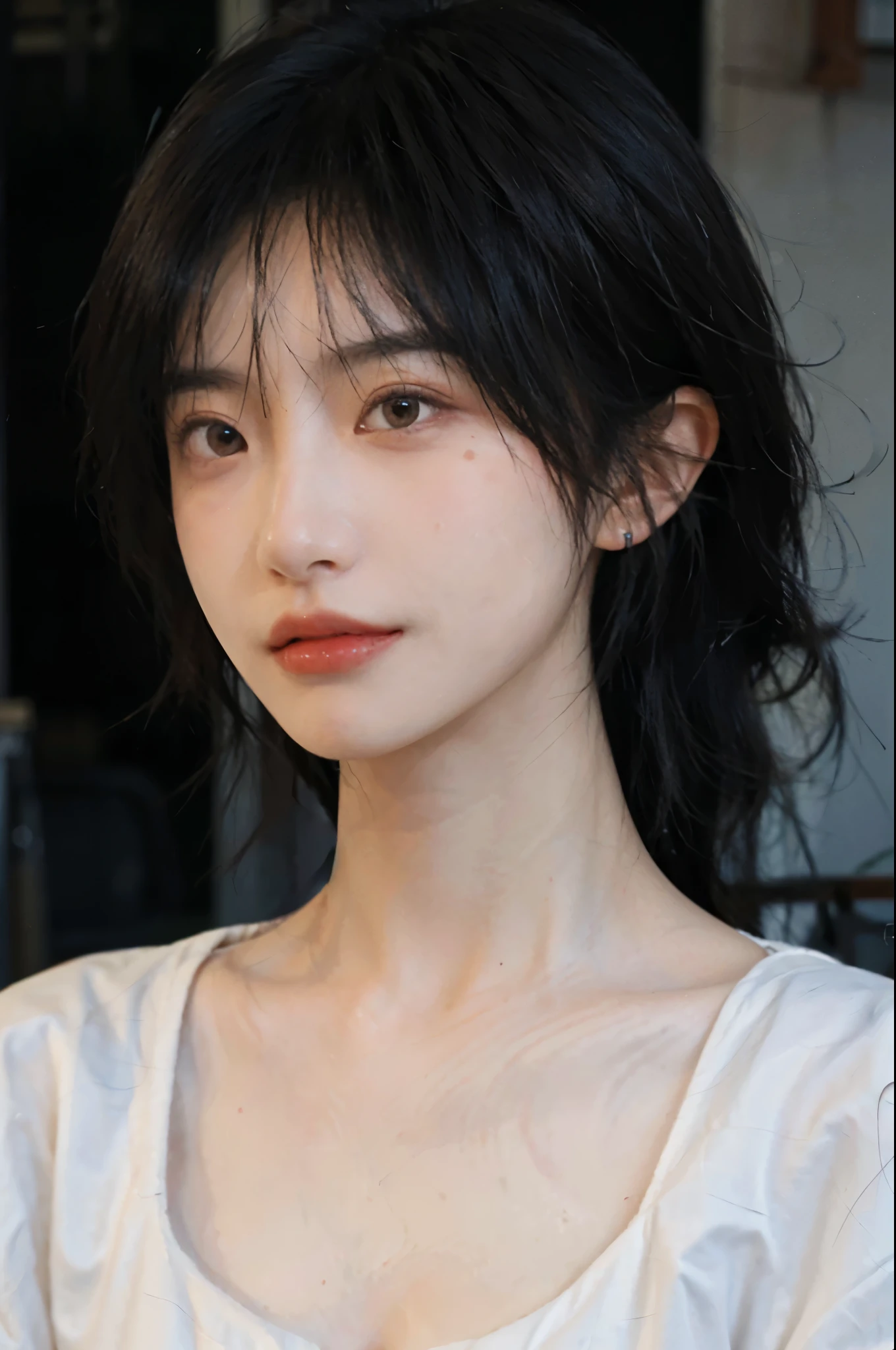 1 girl，Model，Upper Body，short hair,A faint smile,serene, calm，Moles under the eyes,Exquisite eyes, Delicate face,Lipstick,earrings,Hair details, skirt，（Dress conservatively：1.3）(Large Breasts:1.2),outdoor,background,城市background，(Skin details:1.4),(Realistic and detailed eyes：1.2）, Natural skin texture, Realistic facial details,Close-up of face,Portrait Photography,(Portrait Photography:1.1), (smooth skin textures:1.3), (Highest quality real skin textures:1.4), Direct vision,Soft dramatic lighting, Vivid details, 35 mm film, (Photo Practical:1.4), (hyper Practical:1.4), (Practical:1.3), (Smoother lighting:1.05), (Improve lighting quality:0.9), (Enhance the beauty of skin texture:1.1), Depth of Field, Bokeh, Surrealism, Ray Tracing, ( Surrealism, High Detail, Chiaroscuro, Ray Tracing, reflected light, Ultra HD, Ultra HD, masterpiece, Textured Skin, Super Detail, High Detail, high quality, best quality