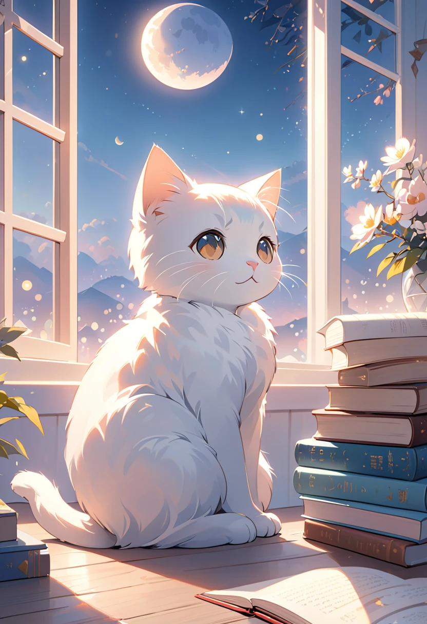 (highest quality:1.2), Beautiful lo-fi minimalist vibe, Cat, Book, window, moon, light bokeh, In soft colors, Sparkling, dynamic side angle, Natural soft lighting, 8K resolution, figure, pastel four colors