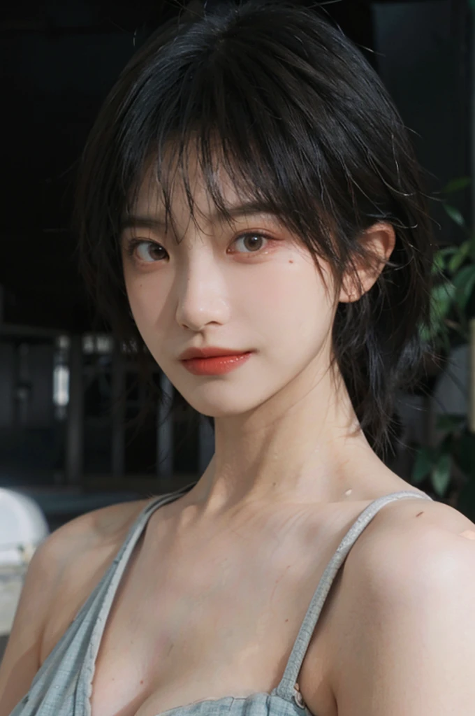 1 girl,Model,Upper Body,short hair,A faint smile,serene, calm,Moles under the eyes,Exquisite eyes, Delicate face,Lipstick,earrings,Hair details, skirt,(Dress conservatively:1.3)(Large Breasts:1.2),outdoor,background,城市background,(Skin details:1.4),(Realistic and detailed eyes:1.2), Natural skin texture, Realistic facial details,Close-up of face,Portrait Photography,(Portrait Photography:1.1), (smooth skin textures:1.3), (Highest quality real skin textures:1.4), Direct vision,Soft dramatic lighting, Vivid details, 35 mm film, (Photo Practical:1.4), (hyper Practical:1.4), (Practical:1.3), (Smoother lighting:1.05), (Improve lighting quality:0.9), (Enhance the beauty of skin texture:1.1), Depth of Field, Bokeh, Surrealism, Ray Tracing, ( Surrealism, High Detail, Chiaroscuro, Ray Tracing, reflected light, Ultra HD, Ultra HD, masterpiece, Textured Skin, Super Detail, High Detail, high quality, best quality