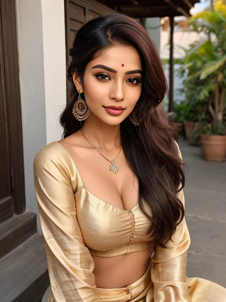 Create an ultra-realistic image of a modern, attractive female influencer of Indian descent, aged between 27 to 30. She should have a warm and inviting smile, expressive almond-shaped eyes with a slight shimmer, and clear, glowing skin with a medium brown complexion. Her features should be well-defined, with high cheekbones and a sharp jawline.

Her hair should be long and thick, with a vibrant, warm red color that’s eye-catching and bold, styled in a classic and elegant updo with a modern twist. She should have a slender yet athletic build, reflecting a healthy and active lifestyle, with a medium bust size (40-42 inches), offering a balanced and proportionate look.

She is wearing traditional yet comfortable ethnic wear, like a saree or salwar suit, which enhances her toned figure. She accessorizes with subtle yet chic jewelry, such as small hoop earrings and a few thin bangles.

The background should feature quaint villages and small towns with charm and character, adding a unique and picturesque element to the scene. Her overall appearance should exude confidence, approachability, and sophistication, capturing the essence of a contemporary Indian fashion influencer.

Negative Pr