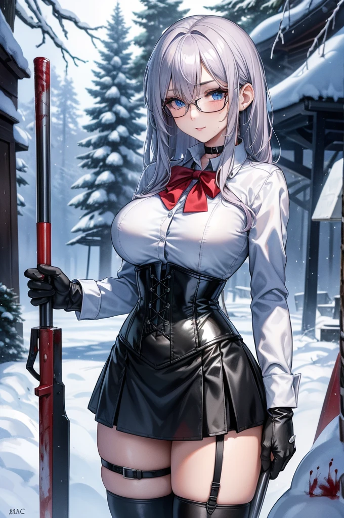((blood droplets)), ((blood)), ((blood splatter)), ((blood on clothes)), ((blood stain)), Masterpiece, Beautiful art, professional artist, 8k, art style by sciamano240, Very detailed face, Detailed clothing, detailed fabric, 1 girl, perfectly drawn body, big breasts, fighting pose, beautiful face, long silver hair, blue eyes, very detailed eyes, pink cheeks, shy expression, glasses, choker:1.6, (long sleeve white collar buttoned shirt), black gloves, gloves covering hands, (holding an ax in the right hand), (black leather corset), (shiny black tight mini skirt), sensual lips , evening de invierno, show details in the eyes, view from front, looking at the viewer, snowy trail, Snowy forest, evening, Atmosphere, snow