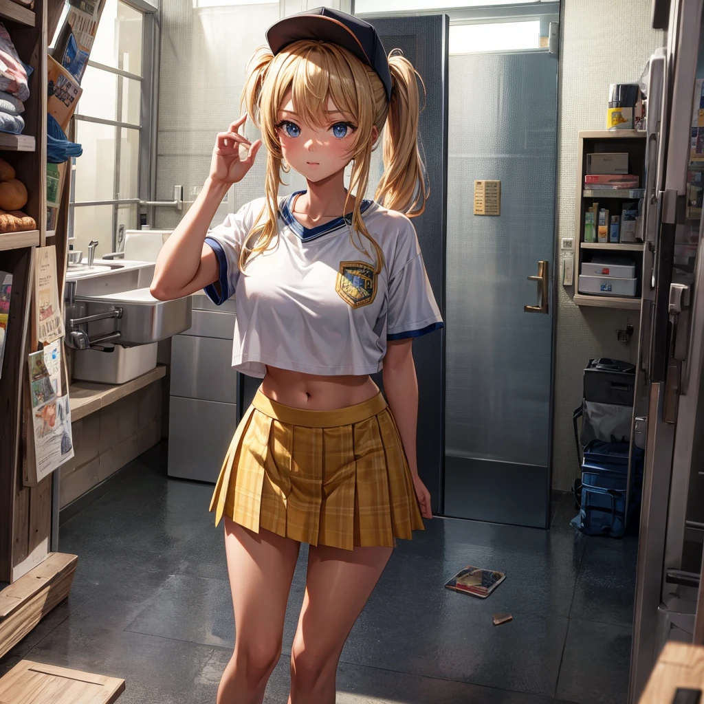 ((best quality)), ((masterpiece)), detailed,(8K),highres, absurd res, intricate details, (1girl, solo), 2.5D anime style, (a tan skin girl with blonde hair in a pony tail, wearing a skirt and baseball cap, in sneakers showing midriff), in a locker room changing closed, embarassed,