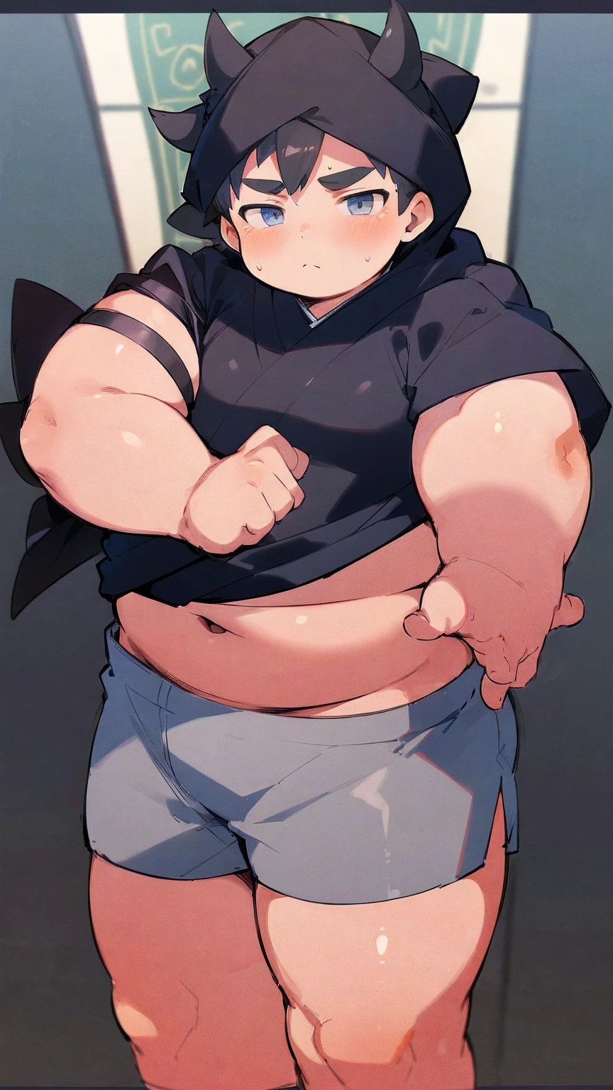 ((androgynous)), beautiful, (pudgy face), (thick),(ikemen), ((boyish)), (handsome), (chubby), belly, muscular, (beefy), ((Ninja)), (Black Hakama), (cool), ((Wearing a black hood)), (Only the eyes are visible through the hood)