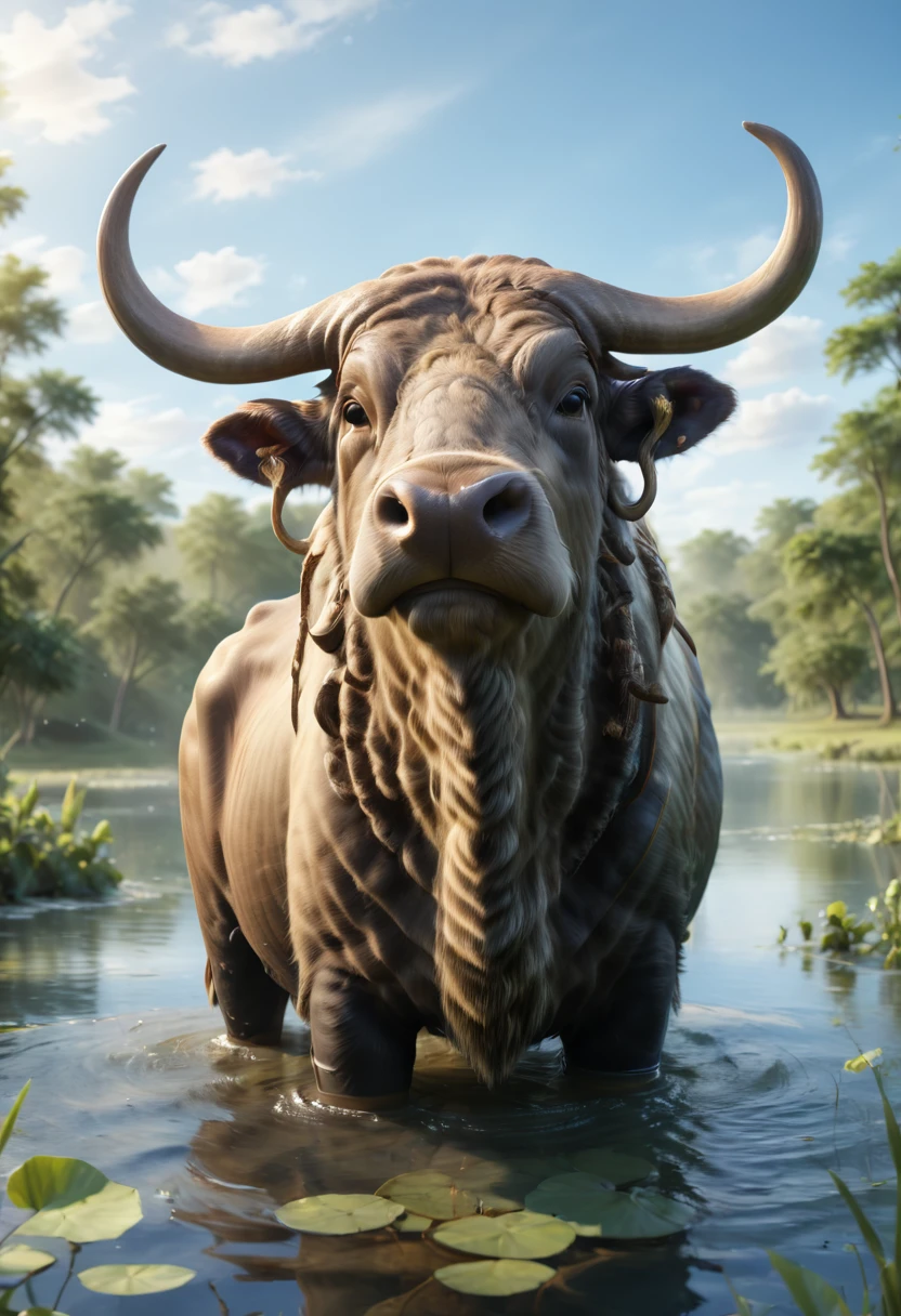 Create a majestic digital painting of a water buffalo with strong horns and a thick coat. The buffalo is cooling off in a serene lake surrounded by lush greenery under a clear summer sky. Sunlight reflects off the water's surface, creating sparkling highlights. Render the image in 3D to capture the buffalo's powerful presence and the serene beauty of a summer landscape."