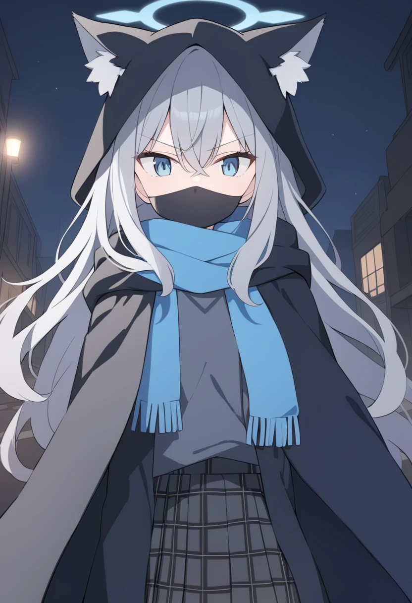 girl，Silver long hair, blue eyes, Draped in a black cloak,Wearing a black mask，A sky blue scarf, Black gloves, And black plaid skirt, On empty streets，Serious expression, blue halo，black hood，Put on your hat，Gray wolf ears，night