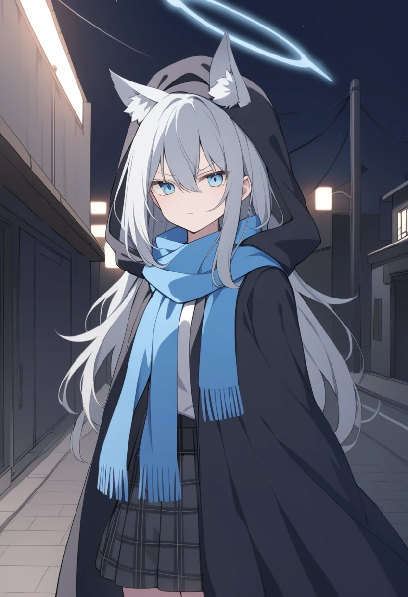 girl，Silver long hair, blue eyes, Draped in a black cloak,Wearing a black mask，A sky blue scarf, Black gloves, And black plaid skirt, On empty streets，Serious expression, blue halo，black hood，Put on your hat，Gray wolf ears，night