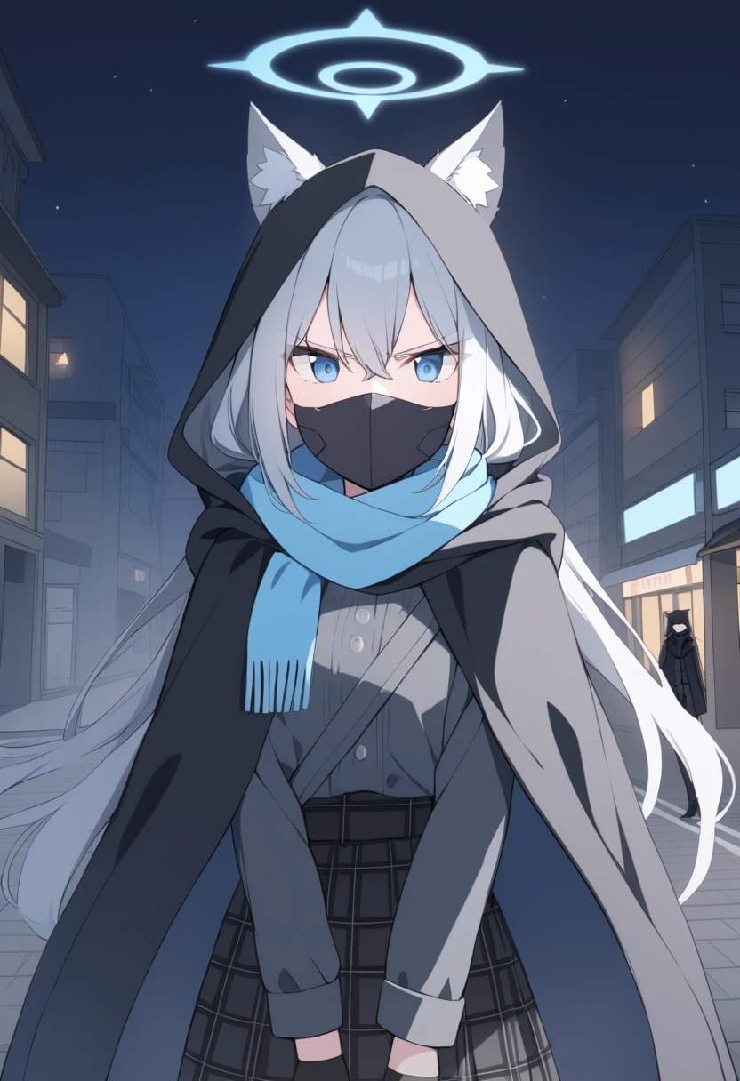 girl，Silver long hair, blue eyes, Draped in a black cloak,Wearing a black mask，A sky blue scarf, Black gloves, And black plaid skirt, On empty streets，Serious expression, blue halo，black hood，Put on your hat，Gray wolf ears，night