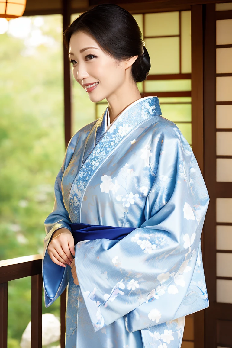 (Highest quality、Tabletop、8K、Best image quality、Award-winning works)、(One beautiful mature woman:1.1)、Adult face、(Innkeeper:1.1)、(A top-quality white kimono with an elegant floral pattern:1.2)、(A kimono with a perfect and precise collar:1.2)、Perfect mature woman portrait photo、Glowing Skin、Standing Elegantly、(Blurred elegant and exquisite perfect Japanese style room background:1.3)、(The most natural and perfect beautiful Japanese garden background:1.2)、(Strongly blurred background:1.2)、Glowing Skin、Very beautiful skin、(Accentuate your body lines:1.1)、(The most graceful posture:1.2)、(Large Breasts:1.2)、A perfect smile、Perfect beautiful glossy lips、(Accurate anatomy:1.2)、(A perfect and elegant outfit:1.1)、(Standing with good posture:1.1)、(Beautiful, elegant and top-quality patterned kimono:1.2)、、(Perfect and natural beautiful sleeves:1.2)、(A perfect and natural beautiful collar:1.2)、(Perfect and natural beautiful sleeves:1.2)、(An elegant and high-quality patterned kimono obi:1.4)、(A perfect and natural beautiful kimono obi:1.1)、(Chignon:1.2)
