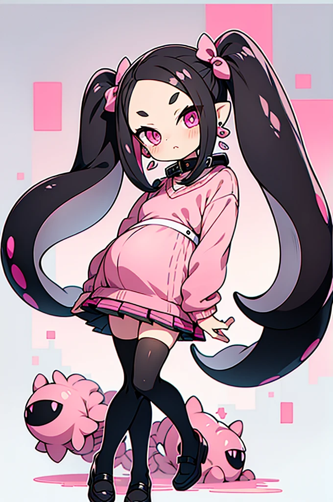 Insanely detailed super accurate anime illustration,pink sweater with vertical lines,
black pleated skirt,
earrings,garter belt,
black knee socks,pink twintails, pink skirt, collar, bow, black thighhighs, black footwear,
splatoon's octoling,octopus girl,forehead,pregnant,