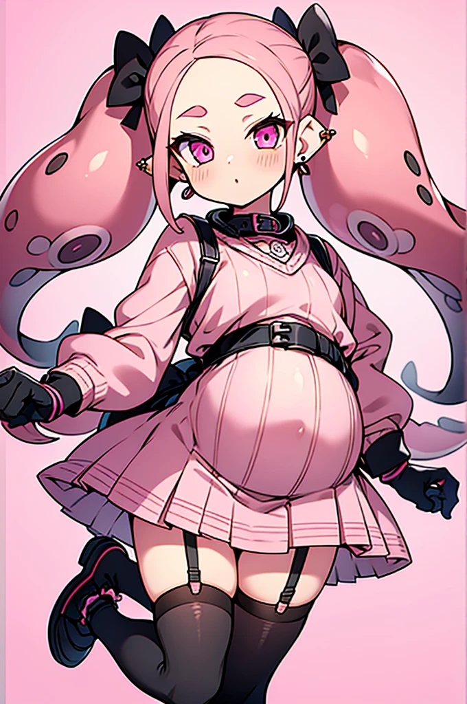 Insanely detailed super accurate anime illustration,pink sweater with vertical lines,
black pleated skirt,
earrings,garter belt,
black knee socks,pink twintails, pink skirt, collar, bow, black thighhighs, black footwear,
splatoon's octoling,octopus girl,forehead,pregnant,