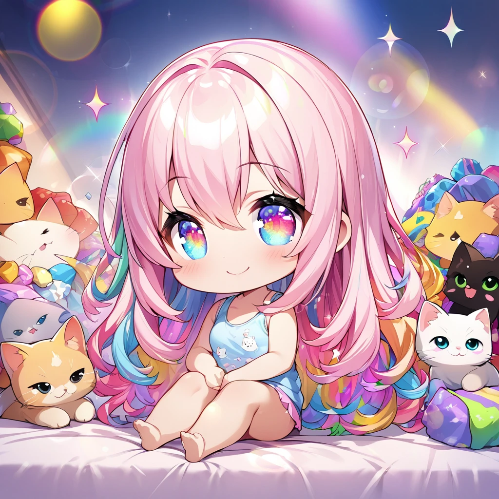 masterpiece, best quality, 4k、2D illustration、one beautiful girl、solo、(((chibi style)))、((vivid colors))、cute chibi、lovely chibi、long beautiful hair, glossy light pink hair, hair between eyes, cute、beautifully detailed eyes、((tank top))、((miniskirt))、((colorful))、((happy smile))、sitting on bed、((full body shot))、((kitten)), ((lots of colorful stuff around))、((bed))、sparkle、((lens flare))、
