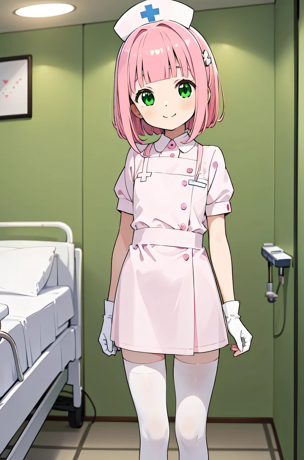 1boy, solo, male focus, nurse, white nurse cap, white nurse uniform, ((white legwear, zettai ryouiki)), white gloves, blunt bangs, pink hair, green eyes, drooping eyes, smile, standing, ((hospital room)), sharp outline, short sleeves, shota, 12 years old, best quality, masterpiece