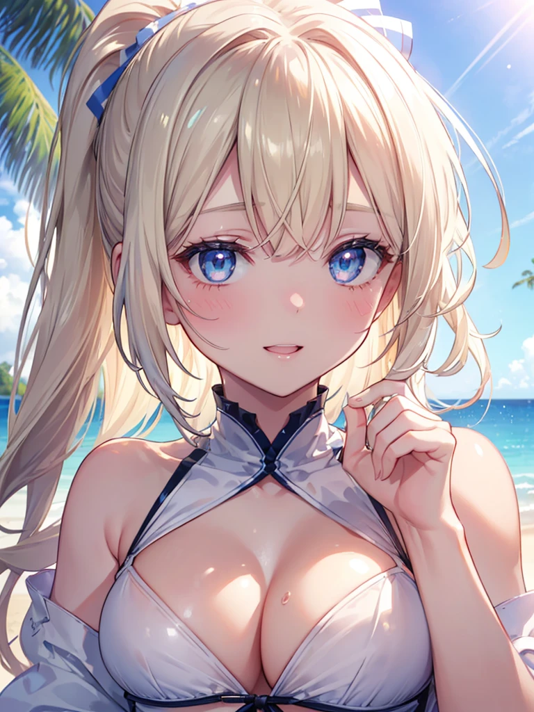 High resolution, A face with attention to detail, ((One Girl))、((cute))、Big smile、Blushing、Open your mouth、Blonde、ponytail、Ultra detailed face、Very fine eye、Ultra detailed hair、White Bikini、Beautiful beaches、Palm tree、Bright sunlight、Beautiful blue sky, Movie angle, Professional Lighting, Highest quality, masterpiece, sharp, Perfect focus, Bokeh, photoRealistic, (Beautiful, detailed eyes: 1.3), Realistic, (3D Face:1.1), (Shiny skin:1.5), (超High resolution intricate face details), (Facial skin pores:1.3), 超High resolution cloth texture, 8k eye detail, Huge breasts