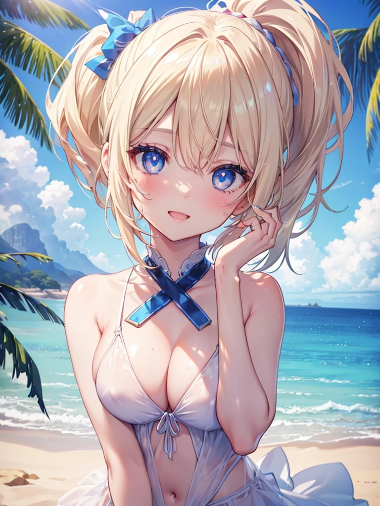 High resolution, A face with attention to detail, ((One Girl))、((cute))、Big smile、Blushing、Open your mouth、Blonde、ponytail、Ultra detailed face、Very fine eye、Ultra detailed hair、White Bikini、Beautiful beaches、Palm tree、Bright sunlight、Beautiful blue sky, Movie angle, Professional Lighting, Highest quality, masterpiece, sharp, Perfect focus, Bokeh, photoRealistic, (Beautiful, detailed eyes: 1.3), Realistic, (3D Face:1.1), (Shiny skin:1.5), (超High resolution intricate face details), (Facial skin pores:1.3), 超High resolution cloth texture, 8k eye detail, Huge breasts