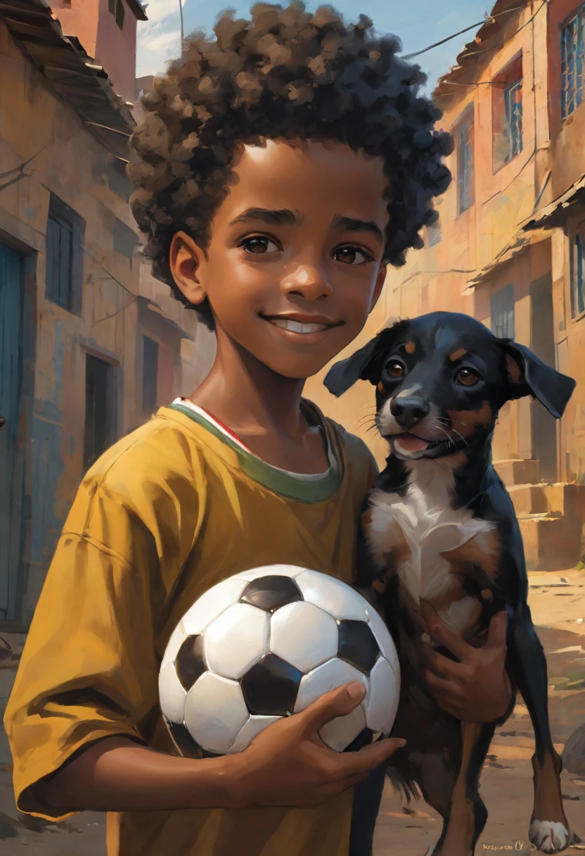 A poor Afro-Brazilian boy in a favela in Porto Alegre Rio Grande do Sul Brazil drawn by Todd McFarlane and Greg Capullo, he is wearing old and torn clothes, he is playing with a soccer ball and playing with his little dog, a favela in the background, Robert Downey Jr Reference., engine unreal, octane rendering, por Jacob Lawrence e Francis Picabia, perfect composition, beautiful detailed intricate insanely detailed octane rendering trending on artstation, 8k art photography, photorrealistic concept art, soft natural volumetric cinematic perfect light, Bright dark, rewarded photography, work of art, oil on canvas, rafael, caravaggio, Greg Rutkowski, beetle, Beksinski, giger, beautiful perfect face with perfect face, a smile on your face with two large central incisors, the detail, highy detailed, photo realist