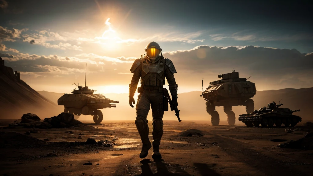 a futuristic armored soldier, marching on a war-torn Martian landscape, dramatic lighting, cinematic composition, highly detailed, intricate textures, vibrant colors, volumetric fog, epic battle scene, 8k, photorealistic, cinematic lighting, dramatic shadows