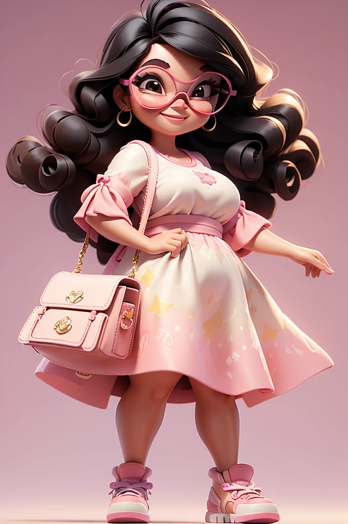 An illustration of a slightly chubby Latina woman, light brown skin, with long curly black hair, wearing glasses, smiling happily, she is wearing a pink dress, wearing shoes, she is holding a pink bag with gold details, background white, 3D pixar style