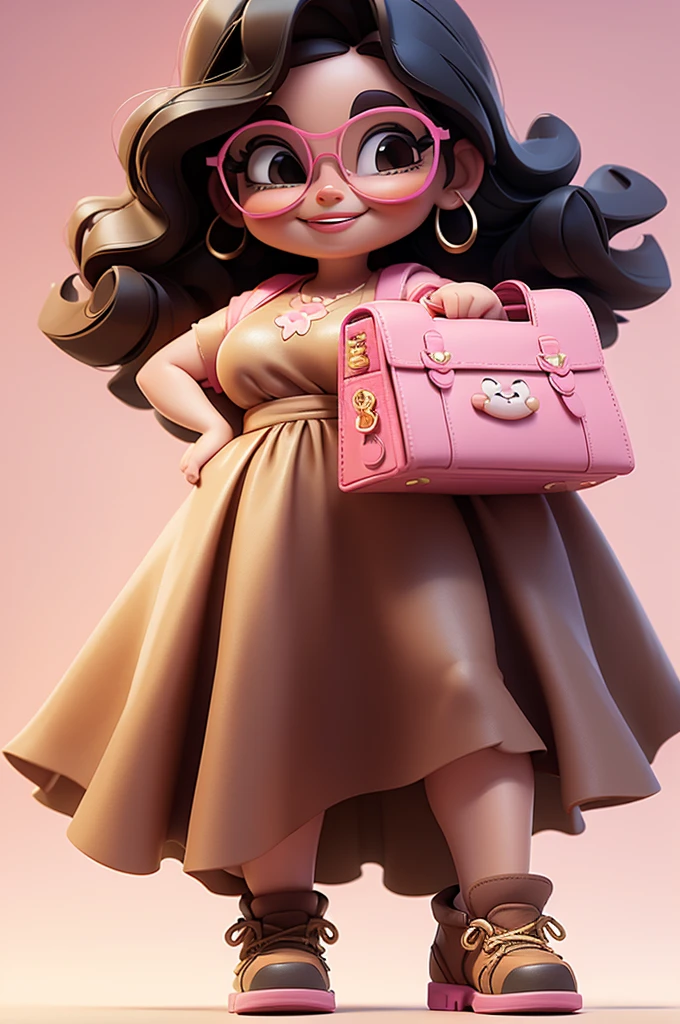 An illustration of a slightly chubby Latina woman, light brown skin, with long curly black hair, wearing glasses, smiling happily, she is wearing a pink dress, wearing shoes, she is holding a pink bag with gold details, background white, 3D pixar style