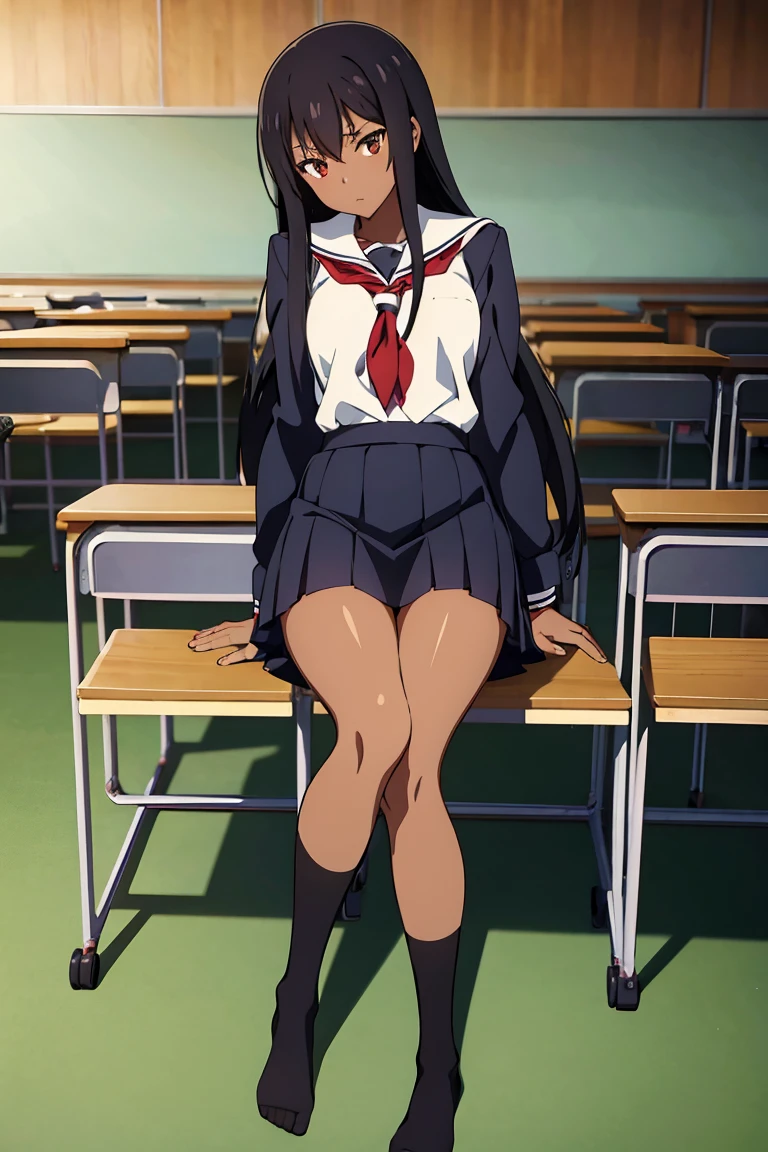 (masterpiece:1.2), (best quality:1.2), full body shot, 1girl, medium breasts, underboobs, fit and petite body, black hair, long hair, sitting on the table, white sailor fuku, blue pleated skirt, black socks,
 <lora:tgout:0.85>, tgout, tongue out, tongue, 
in the classroom,