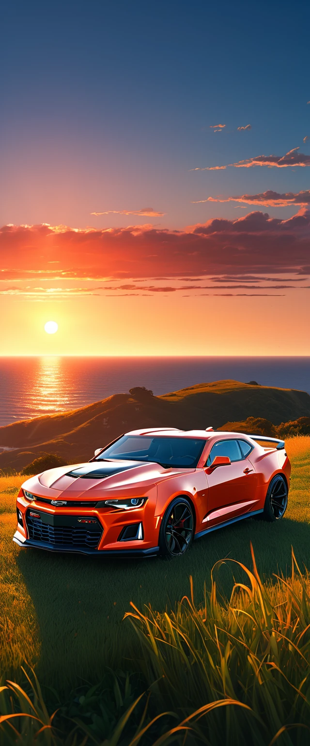 High quality, 8K Ultra HD. The image shows a boy next to an anime Camaro ZL1 looking at the ocean at sunrise from a grassy hill, with a background of vibrant blue sky and red and orange tones of the sun. anime art wallpaper 4k, anime art wallpaper 4K, anime background, anime art wallpaper 8K, anime art background, anime landscape wallpaper, amazing wallpaper, high quality wallpaper definition,4k animated wallpaper,4k animated wallpaper,Aries Moross art,Bob Byerley art,AshleyWoodArtAI,greg rutkowski
