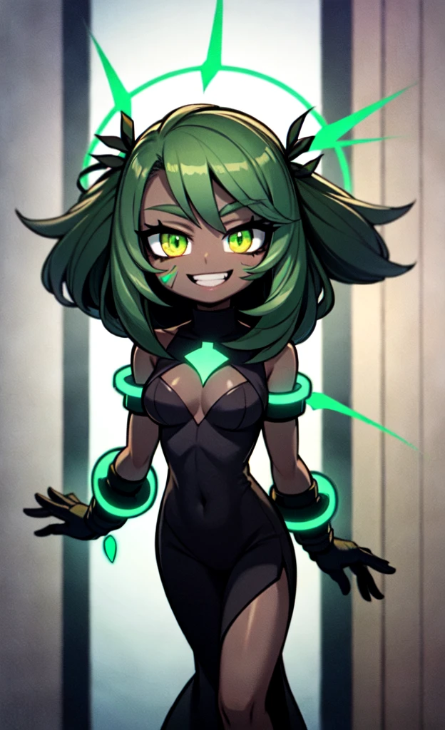 black skin, anime woman, happy, glowing green eyes, glowing green tattoos, extremely short glowing green hair, wearing a black dress