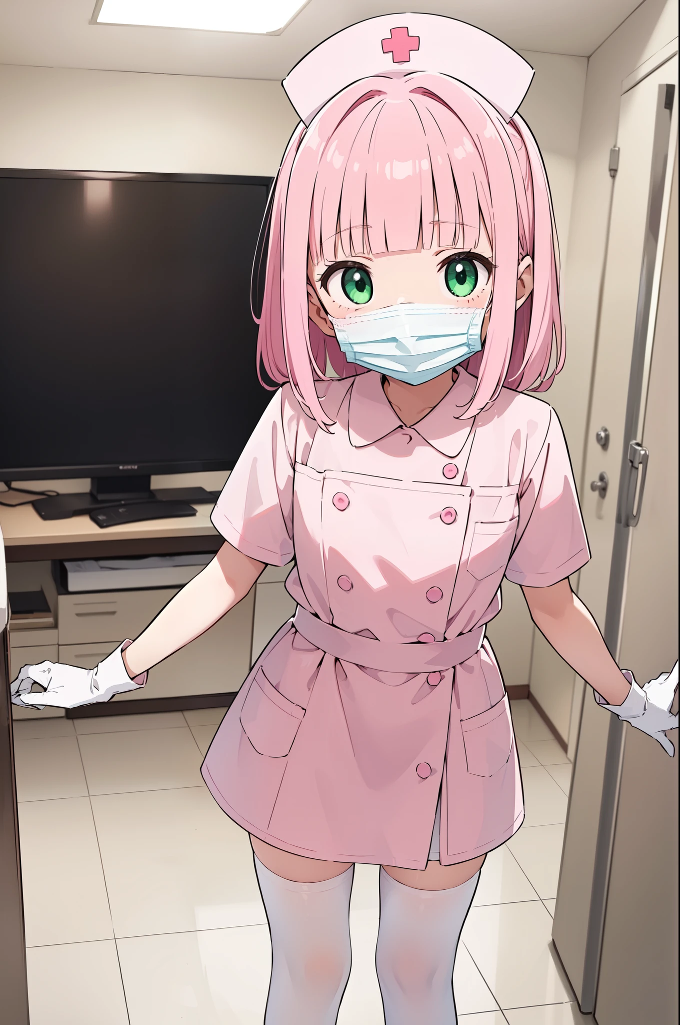 1boy, solo, male focus, nurse, white nurse cap, white nurse uniform, ((white legwear, zettai ryouiki)), white gloves, blunt bangs, pink hair, green eyes, drooping eyes, ((white surgical mask, covered nose)), standing, ((hospital room)), sharp outline, short sleeves, shota, 12 years old, best quality, masterpiece