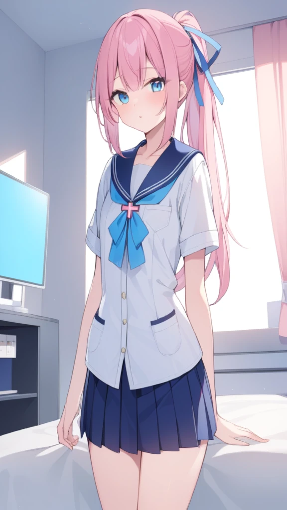 
A beautiful 17-year-old girl with a slender figure、Pink hair in a ponytail、blue eyes、White blouse with sailor collar、Blue ribbon、Japanese school girl uniform、Blue knee-length pleated skirt、Standing in front of the bed in the nurse&#39;s office、Background partitioned with white curtains、She rolls up her uniform skirt to show her white underwear.、Tears and an embarrassed face、Blushed cheeks、A lovely face with a hint of innocence、Beautiful girl erotic game style、Detailed Description、High resolution、Soft lighting、Realistic texture