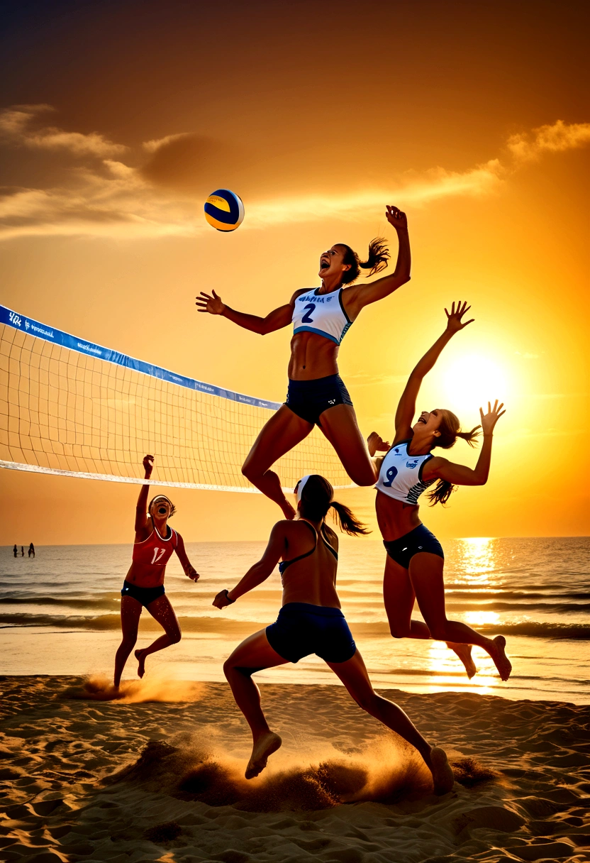 (Beach Volleyball), A beach volleyball female player is preparing to spike the ball on the beach, jumping up in the air. tense muscles appear exceptionally prominent under the influence of strength. tightly grips the volleyball, ready to hit the ball over the net with a full force. wearing brightly colored sports top, the sunlight casts mottled light and shadow on body. The background is a golden beach, sunny and full of vitality, bird's-eye view, full body, (Photography), panoramic view, award-winning, cinematic still, emotional, vignette, dynamic, vivid, (masterpiece, best quality, Professional, perfect composition, very aesthetic, absurdres, ultra-detailed, intricate details:1.3)
