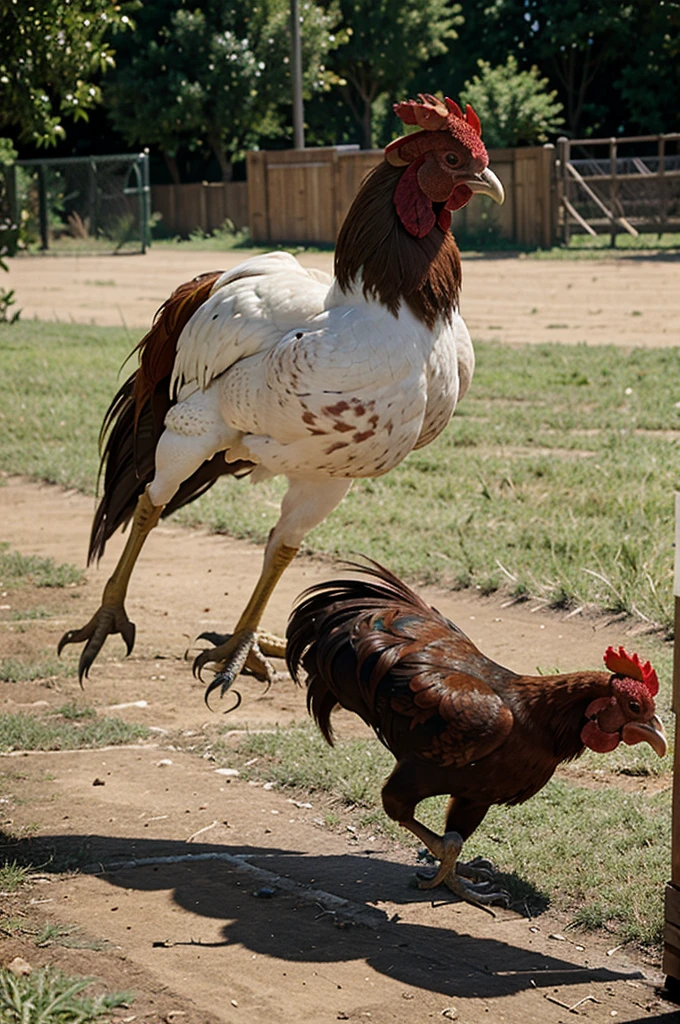 the rooster pounces on the little one