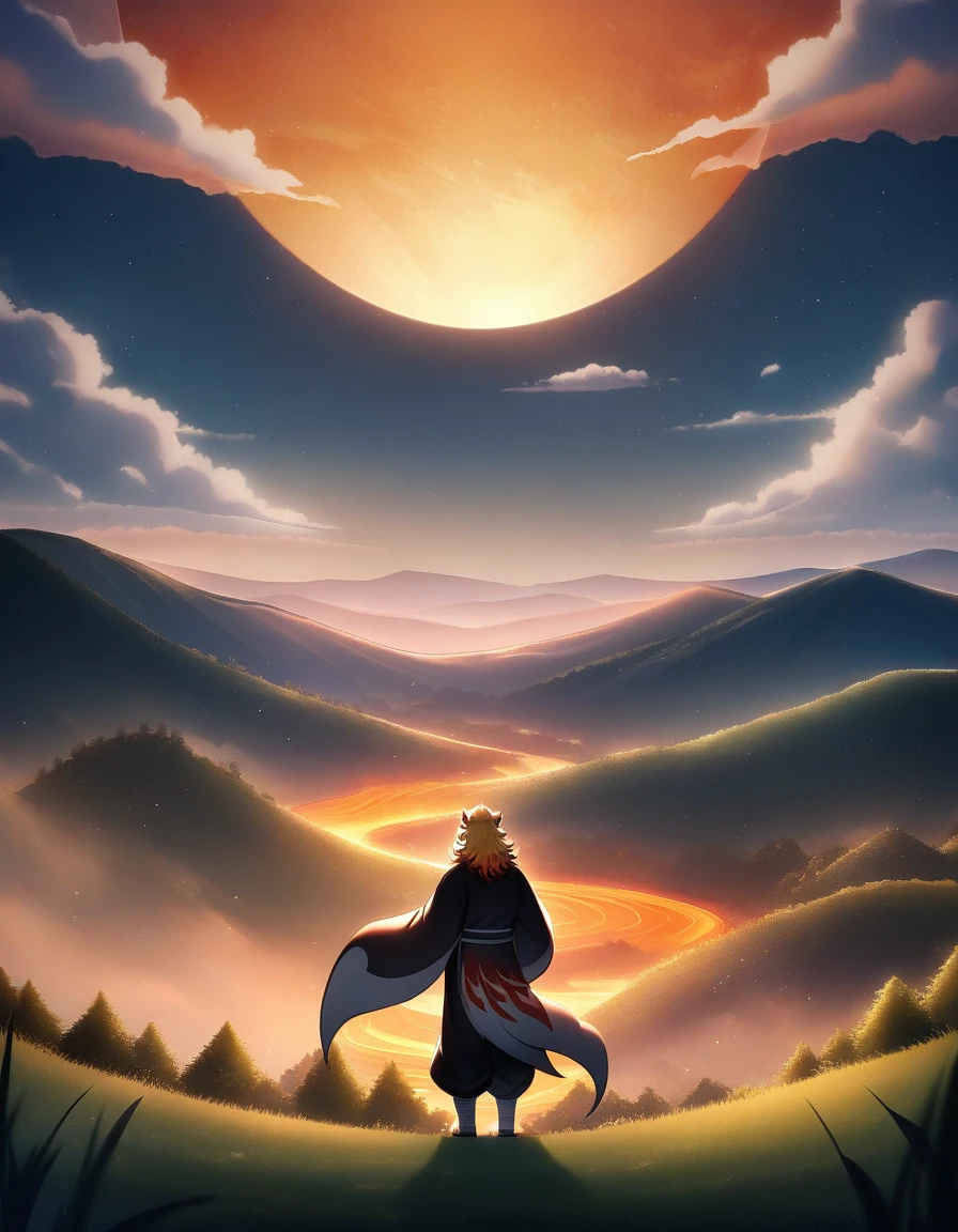 absurdos, alta resolução, ultra detalhado, hdr, obra de arte, melhor qualidade, rosto e olhos extremamente detalhados, Rengoku Kyojuro, cabelo loiro, Olhos laranja expressivos, Kimetsu no Yaiba, Sozinho, homem sexy, bonito. Prompt
A serene landscape featuring Rengoku standing on a hill, gazing towards a breathtaking sunset. The sky is ablaze with hues of orange, pink, and purple. The lighting is soft and warm, highlighting Rengoku's determined expression. The composition is balanced, with the horizon line dividing the sky and the land. Rengoku's pose is relaxed yet focused, capturing the moment of contemplation. The location is a peaceful countryside, with sparse trees and rolling hills in the background.
