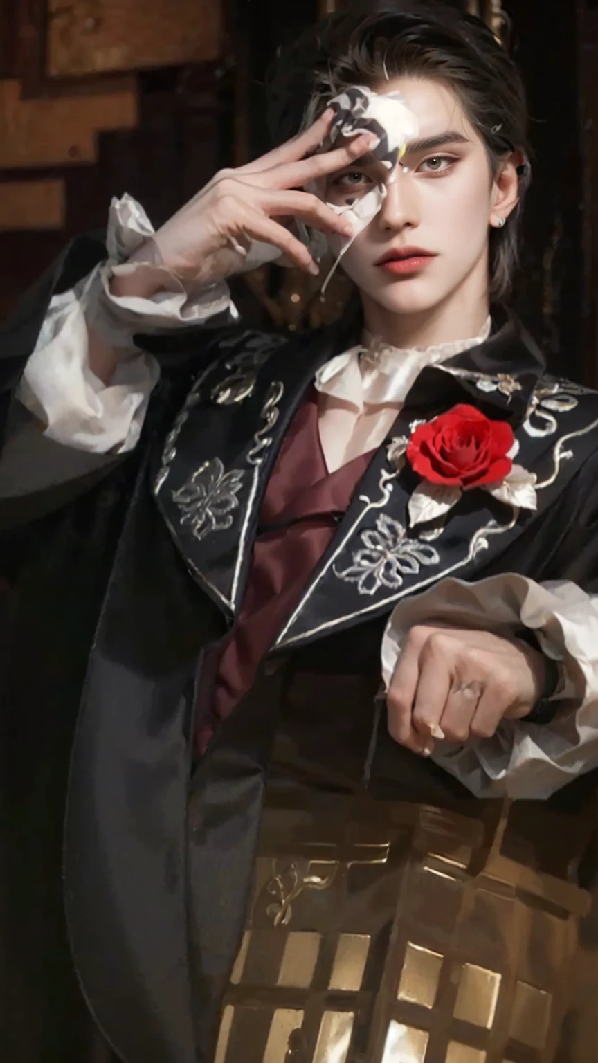 ((a close up of a person phantom of opera, ((wearing aristocrat robe)), delicate androgynous prince, alucard, beautiful androgynous prince, bladee from drain gang, cai xukun, male vampire, handsome male vampire, androgynous vampire, suit with phantom of opera mask(pale skin dark brown hair and grey eyes), delicate androgynous prince, beautiful androgynous prince, caleb from critical role, highly detailed exquisite, handsome guy, highly detailed character, hyperdetailed fantasy character, handsome male vampire, wolfgang lettl highly detailed, detailed character portrait, official character, handsome stunning realistic)),((grey eyes)),official art, unity 8k wallpaper, ultra detailed, aesthetic,((masterpiece)), best quality, photorealistic,((fantasy)),((pale skin)),((man&girl)),((sensual eyes)),((detailed eyes)),((detailed face)),((detailed body)),((badboy face)),((badboy)),((handsome)),((modeling poses)),((model)),((juicy lips)),((kimono)),((perfect hairstyle)),((perfect v shape head)),((free posing)),((posing like model)),((modeling poses)),((cool)),((body)),((50mm lens)),((fullbody)),((longshot picture)),((standing posing)),((androgynous pose)),((standing in background)),((light setting from right)),((head staring at right)),((candid)) Timothée Chalamet