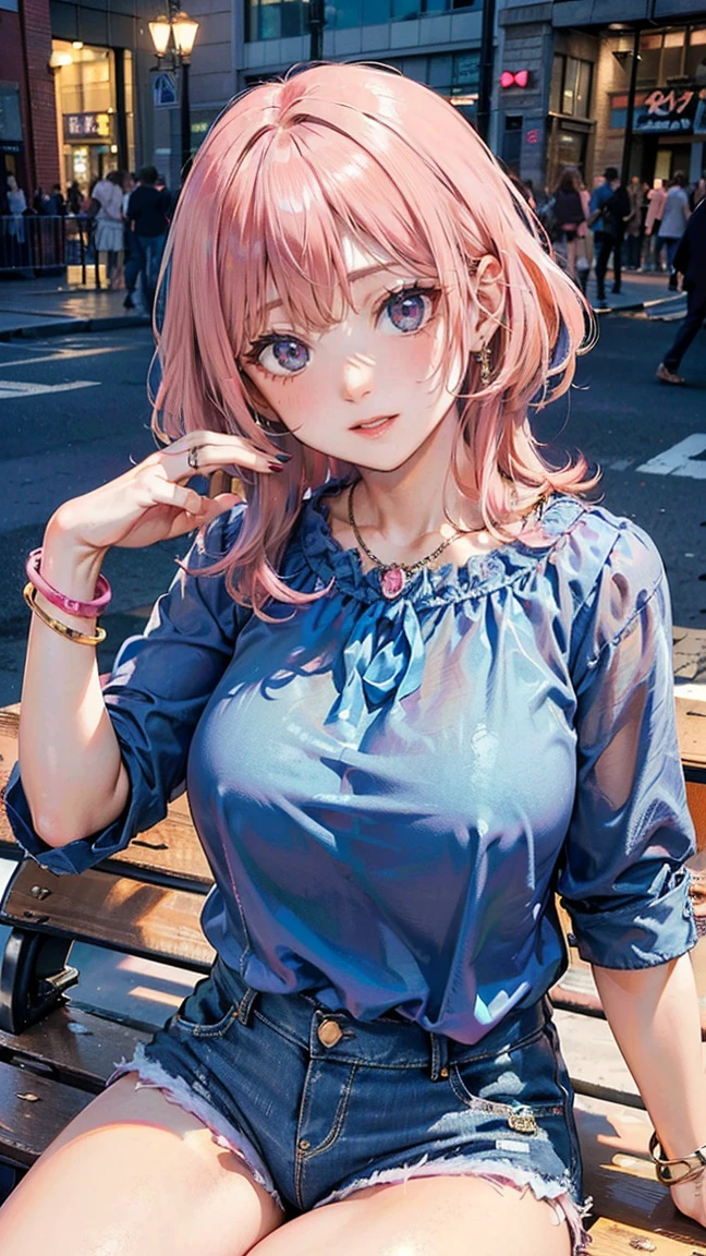 (Masterpiece, BestQuality:1.3), (ultra detailed:1.2), (hyperrealistic:1.3), (RAW photo:1.2), High detail RAW color photo, professional photograph, (Photorealistic:1.4), (realistic:1.4), professional lighting, perfect anatomy, (Big Breasts:1.2), (blush, detailed face), (cheerful Smile:1.5), (Pink Hair:1.5), Trending Hair&Trending Hairカラーをランダムに, earrings, necklace, bracelet, sexly, erotic sexly, Random sexy gravure poses, (Beautiful woman wearing a blue chiffon blouse and denim shorts、Stylish smiles in the city、Wooden Bracelet、Pose sitting on a bench in the city。: 1.3)