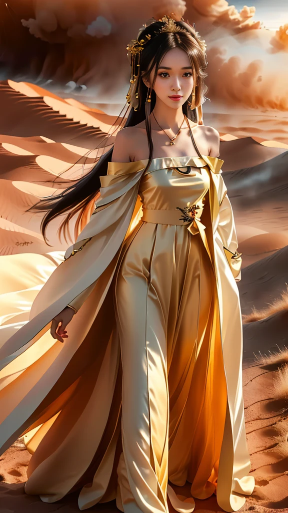 Girl in traditional Chinese clothing, Hanfu, Guzhen Hanfu women, White Hanfu,(long straight black hair:1.5), black eyes, black bun hairstyle, hair accessories ,gold long earrings, , Dia Necklace, Clear eyes, Facing forward,put on makeup, Long eyelashes ,(black long shoulder coat:1.8), (Very long skirt, black:1.5), ((Whole body covering)), Clear face, hair accessoriesจำนวนมาก , (Very beautiful face, Beautiful mouth, beautiful eyes), detailed face, ((Ultra-fine skin)), In the dark, deep shadows, an ancient Chinese girl (Very slim figure 1.3) ,Plump breasts, elegant posture , There is a red flower spot on the forehead. , pointing at the camera, (desert storm:1.9),(nighttime:1.2) , White aura around