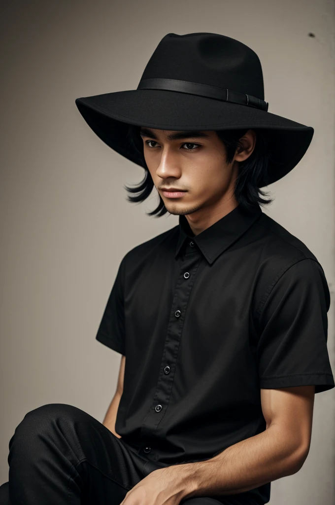 boy black shirt and black hair and black hat