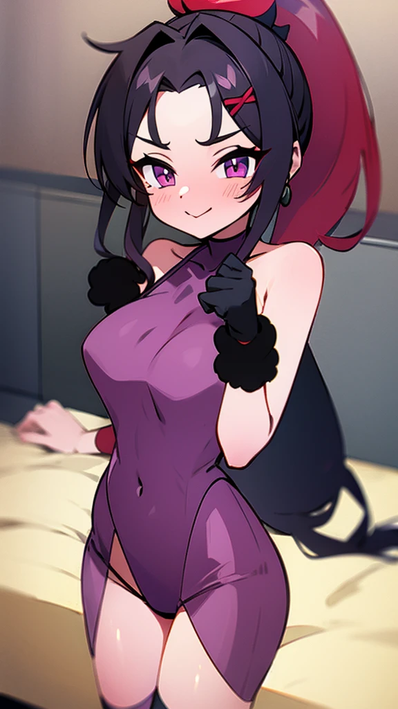 high tail hairstyle, Ponytail hairstyle, Long wavy black hair, standing posing, anime girl style, pixel art anime style,penetrating look with deep eyes,red and purple eyes, hair with a ponytail hairstyle trapped with a big red bun, Women, red hair clips, x color shaped hair clips , smiling face blush, next to his bed , lingerie, sexy maid costume, , Black hair,