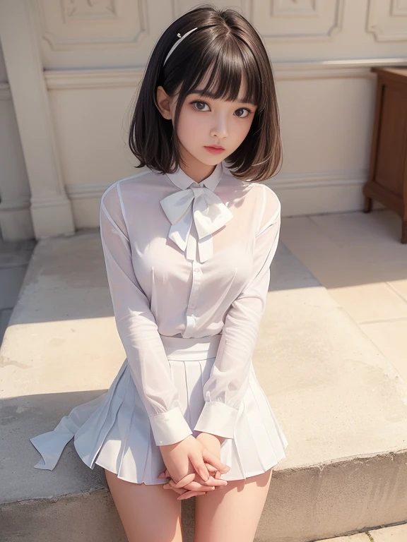 (masterpiece、Highest quality:1.7)、(12 years old:1.5)、(Above the knee shot:1.5)、Bobcut、Black Hair、85mm、16K、Official Art、RAW Photos、Best Beautiful Faces、Close-up、Violet、Gardenia、((The best beautiful girl、very cute))、Red blush on cheeks、indoor、(Are standing:1.8)、Film Grain、Chromatic Aberration、Sharp Focus、(((Nice hands、Perfect hands、Perfect Fingers、Thin and delicate fingers、A perfect body without flaws)))、Detailed face、(Slender body:1.5)、(Slender body:1.4)、(Slim upper body:1.4)、(Small breasts:1.8)、(Narrow thighs:1.3)、(Let your bangs hang down:1.8)、(Blushing:1.8)、(Low contrast lighting:1.2)、(White tight business blouse with collar:1.5)、(White bow tie blouse:1.4)、(Long sleeve: 1.3)、(White pleated mini skirt:1.5)、(Eyes closed:1.5)、(Hold your crotch with both hands:1.5),thigh focus