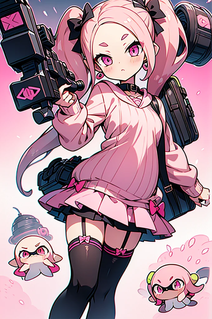 Insanely detailed super accurate anime illustration,pink sweater with vertical lines,
black pleated skirt,
earrings,garter belt,
black knee socks,pink twintails, pink skirt, collar, bow, black thighhighs, black footwear,
splatoon's octoling,octopus girl,forehead,pregnant,