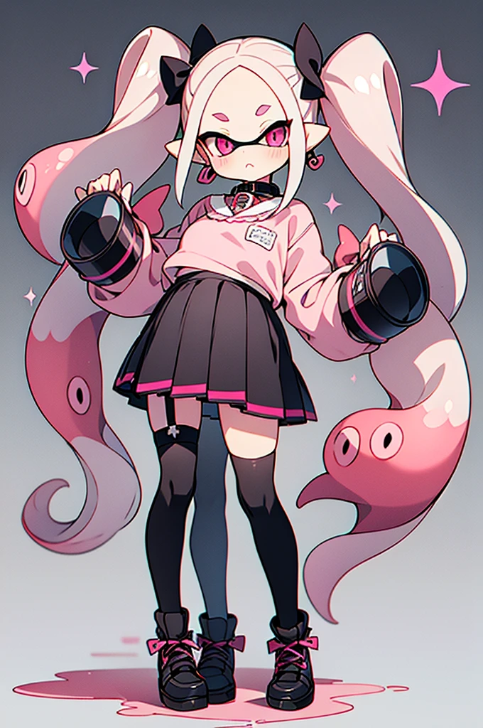 Insanely detailed super accurate anime illustration,pink sweater with vertical lines,
black pleated skirt,
earrings,garter belt,
black knee socks,pink twintails, pink skirt, collar, bow, black thighhighs, black footwear,
splatoon's octoling,octopus girl,forehead,pregnant,